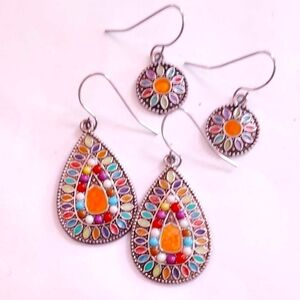 Colorful Teardrop Earrings Fiesta Party Slip On Aztec Enamel & Beads